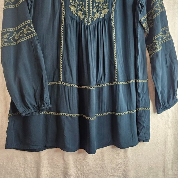 J. Jill Women Blue Tunic Top Floral Embroidery Boho Peasant Tall L Blouse - Picture 8 of 13